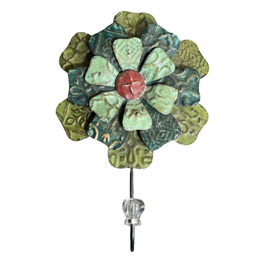 Vintage Pottery Barn Decorative Wall Hook Amber Green Metal Flower Accent Hanger